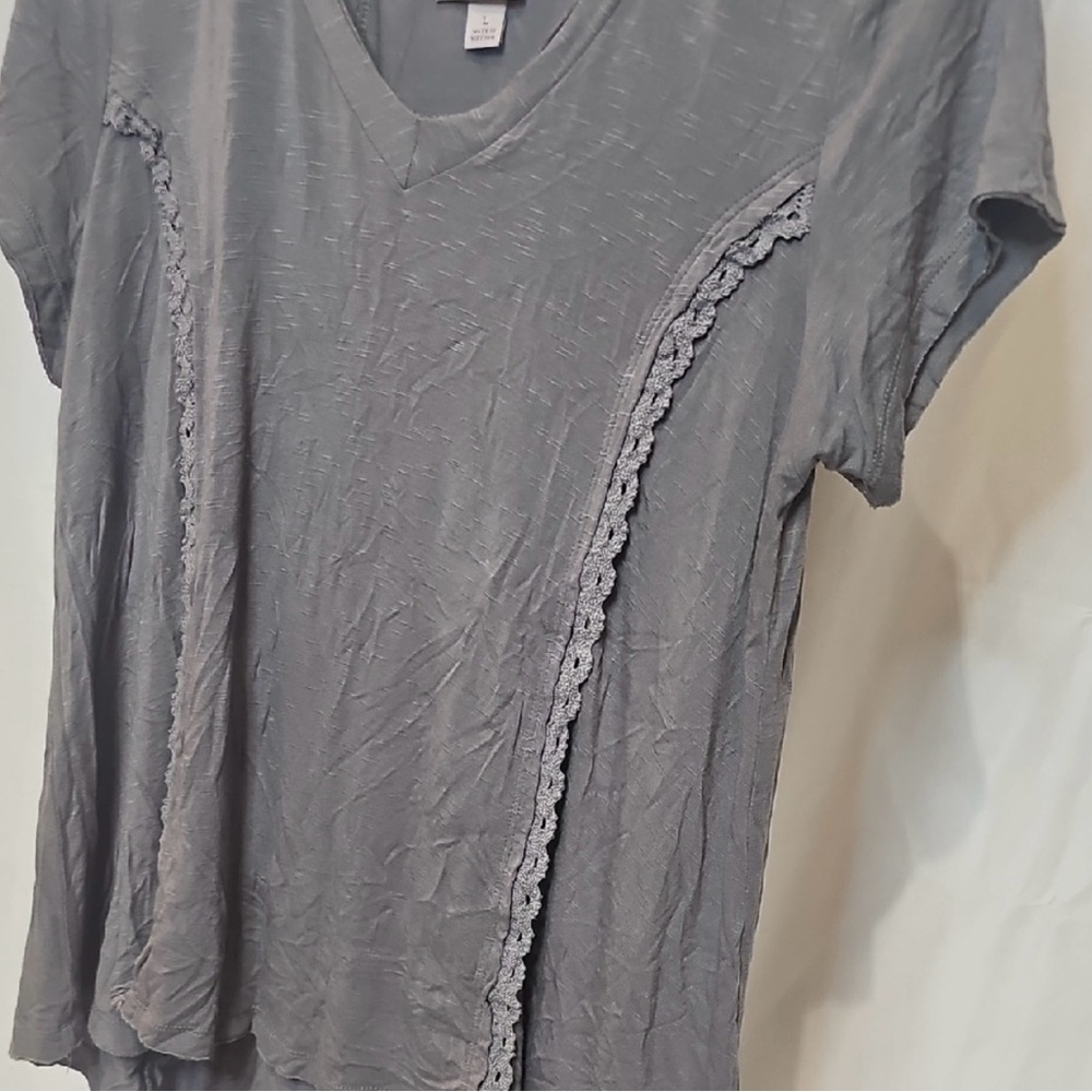 Knox Rose Gray Lace Tie back Short Sleeve Shirt Women’s L EUC - Picture 2 of 9